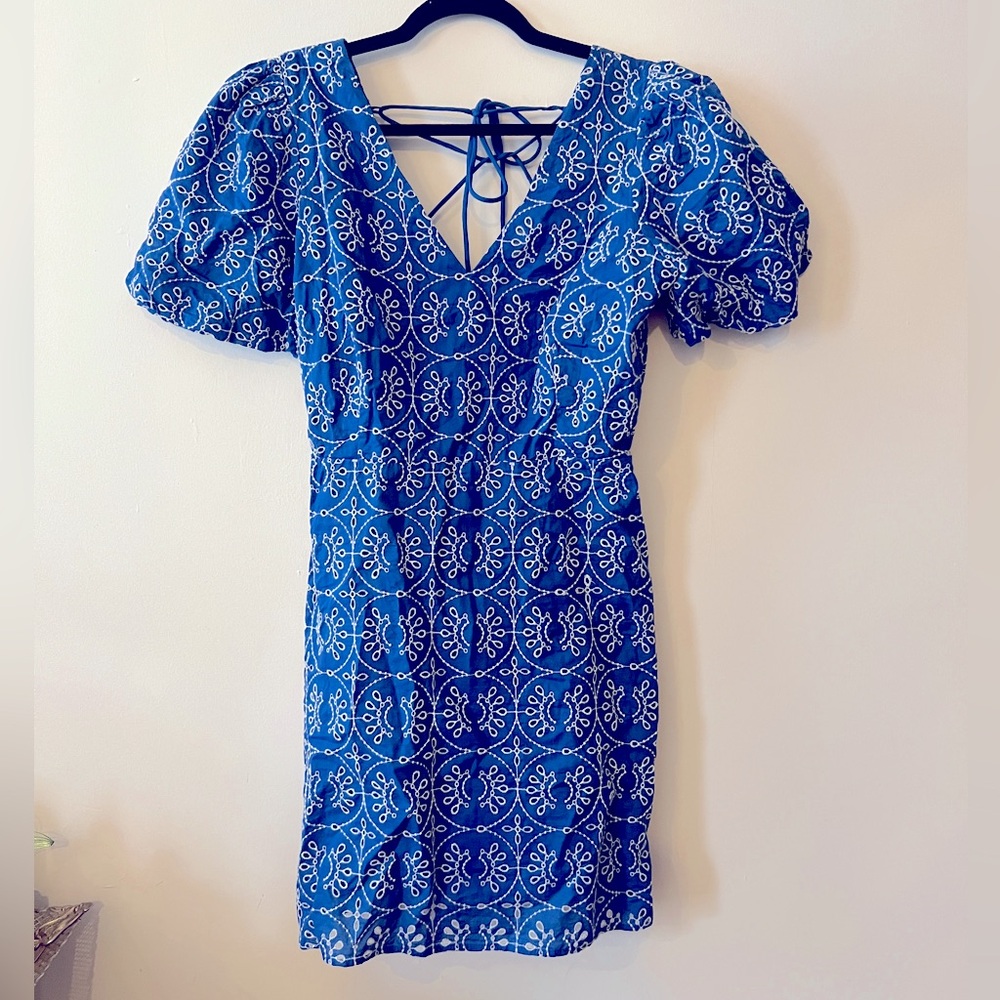 Mango Blue Cotton Eyelet Puff-Sleeve Dress with Tie Back Size Medium